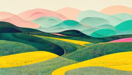 Wall Mural - image of landscape with colorful mountains and sky created using generative ai technology