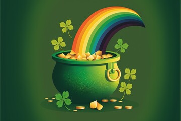 green jar of gold and rainbow of leprechaun on green, created using generative ai technology