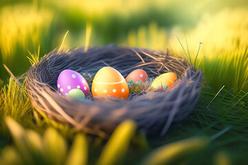 Multi-colored painted Easter eggs in a nest on a forest glade in the grass on a bright sunny day. Generative AI.