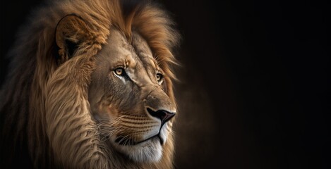 portrait of gorgeous lion on black background header generative ai