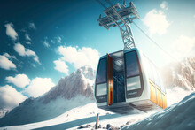 Ski Lift At Skiing Resort Stands In Mountains And Goes To Mountain Top Gandola Lift