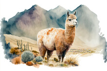 Digital Watercolor Painting Of An Alpaca In The Mountains. 4k Wallpaper, Background
