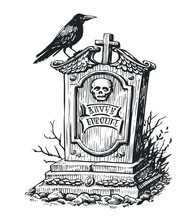Old Gravestone And Raven Sketch. Cemetery, Tombstone In Vintage Engraving Style. Hand Drawn Vector Illustration