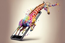 A Smartphone's Internal Screen Displays A Rainbow-hued Giraffe. Generative AI