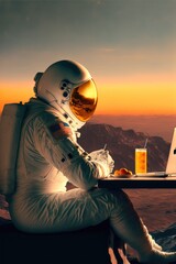 Canvas Print - astronaut in space eating in sunset made with generative ai