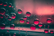 Viva Meganta Toned Red Magenta Macro Shot Falling Rain Water Drops Bubbles On Wet Window Glass Nature Blur Bokeh Background, Droplet Plash Drip. Trendy Color Of The Year 2023. Fashion Color Pattern