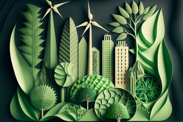 Generative AI of buildings, trees, solar panels and windmills. Green energy concept. 