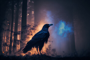 Wall Mural - Generative AI of black crow emerging from smoke in a dark forest at full moon.	