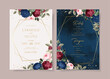 Watercolor wedding invitation template set with navy burgundy floral and leaves decoration