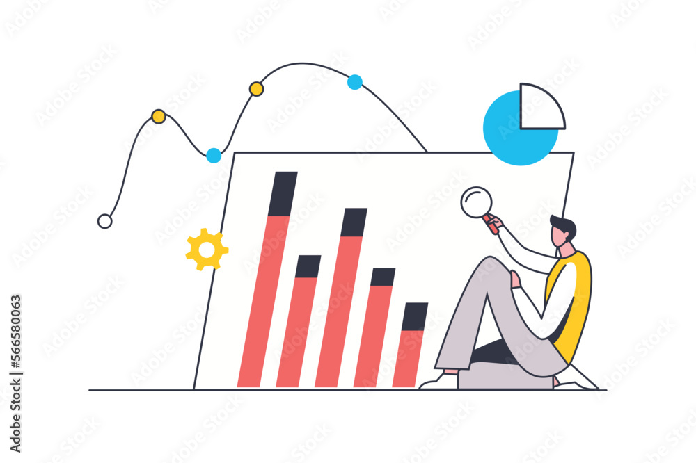 Data analysis flat line concept. Man is studying graphs and charts ...