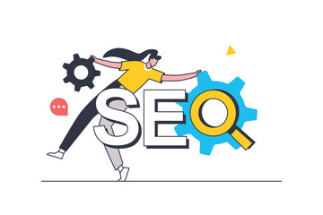 Wall Mural - seo optimization flat line concept. woman analyzes keywords and data, adjusts website metrics and se