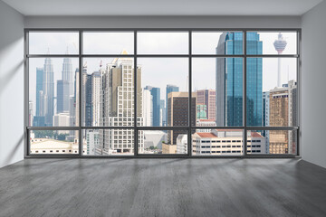 Downtown Kuala Lumpur City Skyline Buildings from High Rise Window. Beautiful Expensive Real Estate overlooking. Empty room Interior Skyscrapers View Malaysia. Day time. 3d rendering.