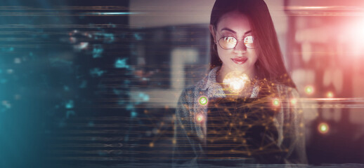 Overlay, hologram and cybersecurity with a business woman in a dark office working late at night on programming. Mockup, cloud computing and programming with a female developer at work on software