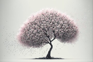  a pink tree with lots of tiny dots on it's branches and branches are sprinkled with pink and white flowers and leaves.  generative ai