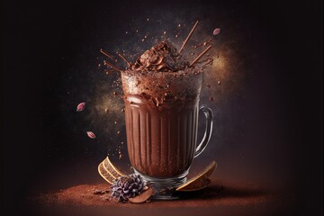  a chocolate drink with chocolate sprinkles and a slice of lemon on the side of the glass with chocolate sprinkles.  generative ai