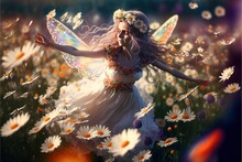  A Woman Dressed As A Flower Fairy In A Field Of Daisies And Daisies With Her Arms Outstretched In The Air, With A Butterfly In The Foreground.  Generative Ai