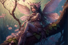  A Fairy Sitting On A Tree Branch In A Forest With Pink Flowers In Her Hair And A Wreath Of Leaves In Her Hair, With Her Eyes Closed.  Generative Ai