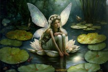 A Painting Of A Fairy Sitting On Top Of A Lily Pad In A Pond With Lily Pads Around Her And A Butterfly Flying Above Her.  Generative Ai