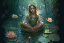  A Painting Of A Fairy Sitting On A Lily Pad In A Pond With Lily Pads Around Her And A Fish In The Water Below Her.  Generative Ai