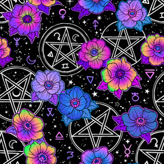 Wall Mural - Seamless vector pattern of magical symbols and flowers