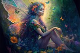  a painting of a fairy sitting on the ground surrounded by flowers and butterflies, with a butterfly in her hair and a butterfly in her hand.  generative ai