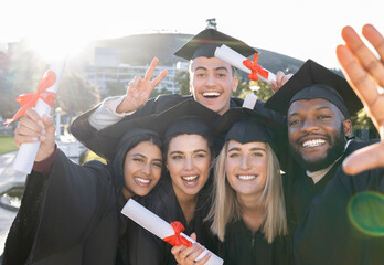 Wall Mural - University student group, selfie and holding diploma with pride, success and happiness with support for diversity. Friends, students and graduate celebration photo for education, learning and future