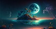 Scenic view of sea with Island, trees and sky at night used for design and wallpaper. Generative Ai.
