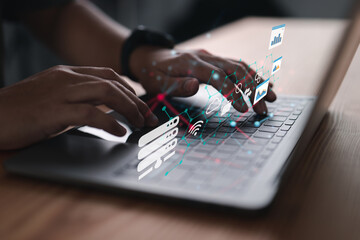Fototapete - An analyst working with business analytics and a data management system on a laptop makes a report with KPIs and metrics connected to a database. strategy for finance, operations, sales, and marketing