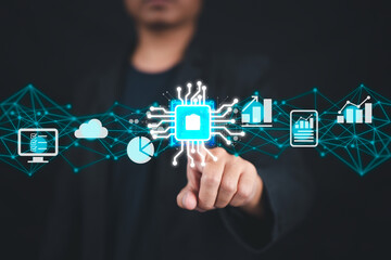 Fototapete - Digital transformation, change management, IoT, new technology, big data, and business process strategy; automation of operations, customer service management, cloud computing, and smart industry.