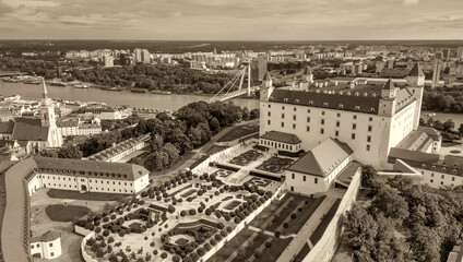 Wall Mural - Aerial view of Bratislava Castle and city skyline on a summer afternoon