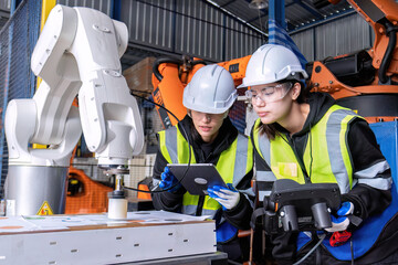 Women engineer team together at work in modern advanced robot welding machine sell service factory