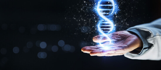 Doctor, hand or 3d dna helix in healthcare analytics, genetic engineering or life insurance mockup on isolated black background. Zoom, abstract or futuristic genes hologram for medical hospital woman