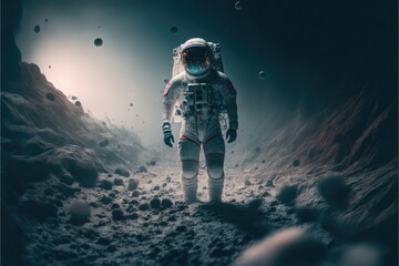 Wall Mural - astronaut exploring surface of moon made with generative ai