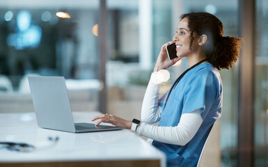 Wall Mural - Laptop, black woman and nurse on phone call in hospital, conversation and networking. Smartphone, night and happy female medical physician working late, telehealth or consulting for support in clinic