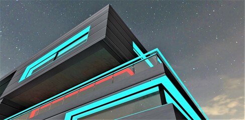 Wall Mural - Bottom view of the suburban elite building with turquoise illumination at night against the starry sky. 3d rendering.