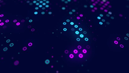 close-up of a 4k abstract animated purple and blue background of digital square shapes and pixels mo
