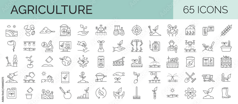 Farming and agriculture outline symbol collection. 65 editable stroke icons. Vector illustrator