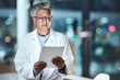 © C Malambo/peopleimages.com - Medical, research and night with doctor and tablet for planning, medicine and schedule. Technology, review and digital with senior woman reading report for healthcare, science and life insurance news