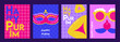 Carnival colorful posters set, flyer or invitation. Funfair funny tickets design with mask and crown on colorful modern geometric background in modern colorful style
