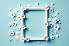 Beautiful Flowers Composition. Blank Frame For Text, Spring And Summer Chamomile Daisy Daisies White Yellow Flowers On Pastel Blue Turquoise Mint Background. Flat Lay, Top View, Copy Space