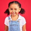Portrait, wink and a black child on a red background in studio having fun or feeling carefree. Kids, fashion and smile with a happy female child winking inside on a color wall while looking funny