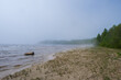 foggy landscape of lake ladoga sand shore