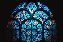  A Large Stained Glass Window In A Dark Room With A Black Background And A Reflection Of Leaves On The Window Pane Of The Window.  Generative Ai