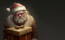 Miserable Santa Claus With A Gift, Christmas Image Created With Generative Ai