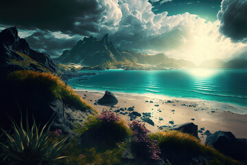 Fototapete - Sunset on a wild sea beach, coastline and sand. Waves and sea surf on the background of mountains and flowers. Dawn in a cloudy sky. 3d illustration