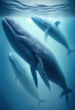 Generative AI Illustration Of Family Blue Whale Under Water, Ocean
