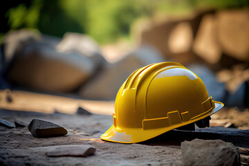 Wall Mural - Orange safety helmet or hardhat, construction worker PPE. Generative AI.

