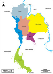 Map of Thailand includes borderline countries Myanmar, Laos, Cambodia, Vietnam, Gulf of Thailand, and Andaman Sea. Vector Map