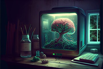 Generative AI illustration of a brain in a jar sitting in an old lab, wires everywhere connect it to a row of monitors and glowing computer screens