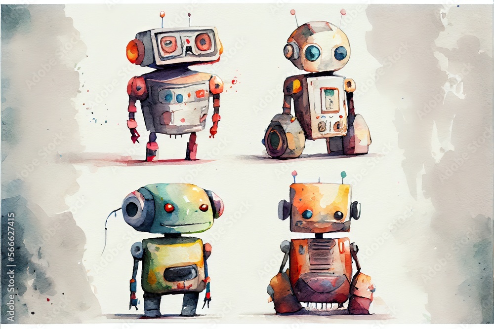 Generative AI illustration of a cute robot collection on white ...